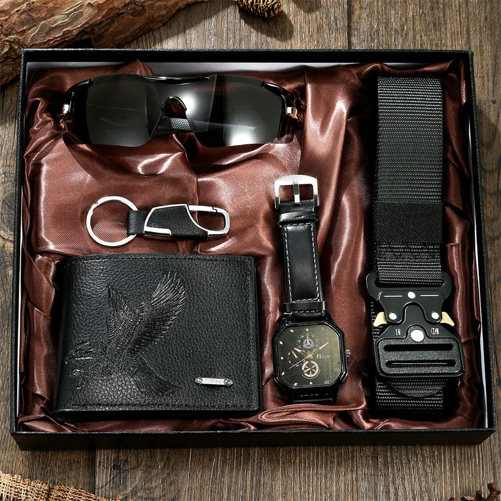 New Mens Watch Belt and Wallet Gift Set with Keychain Sunglasses Men Gift Box Set for Boyfriend Dad Husband Birthday Gifts