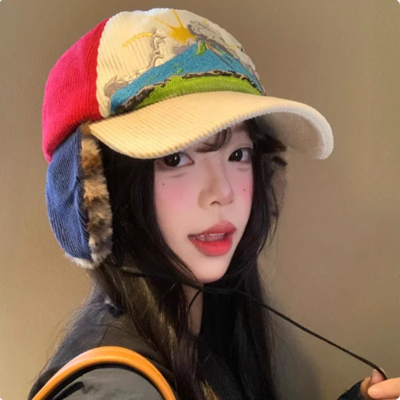 

Korean Winter Warm Contrasting Corduroy Ear Protectors Flying Baseball Cap Men and Women Leopard Print Plush Lace-up Bomber Hats