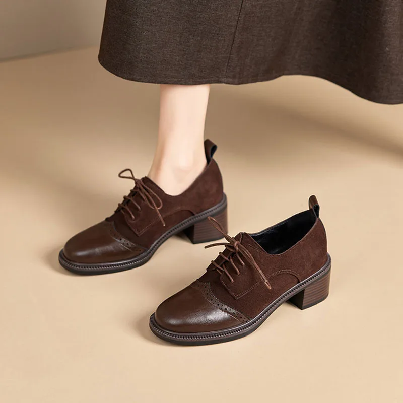 البقرة المدبوغ أحذية نسائية الفم العميق الدانتيل متابعة المرقعة سيدة مضخات جولة تو حجم كبير الكعب المتوسط Phoentin FT4264 #2