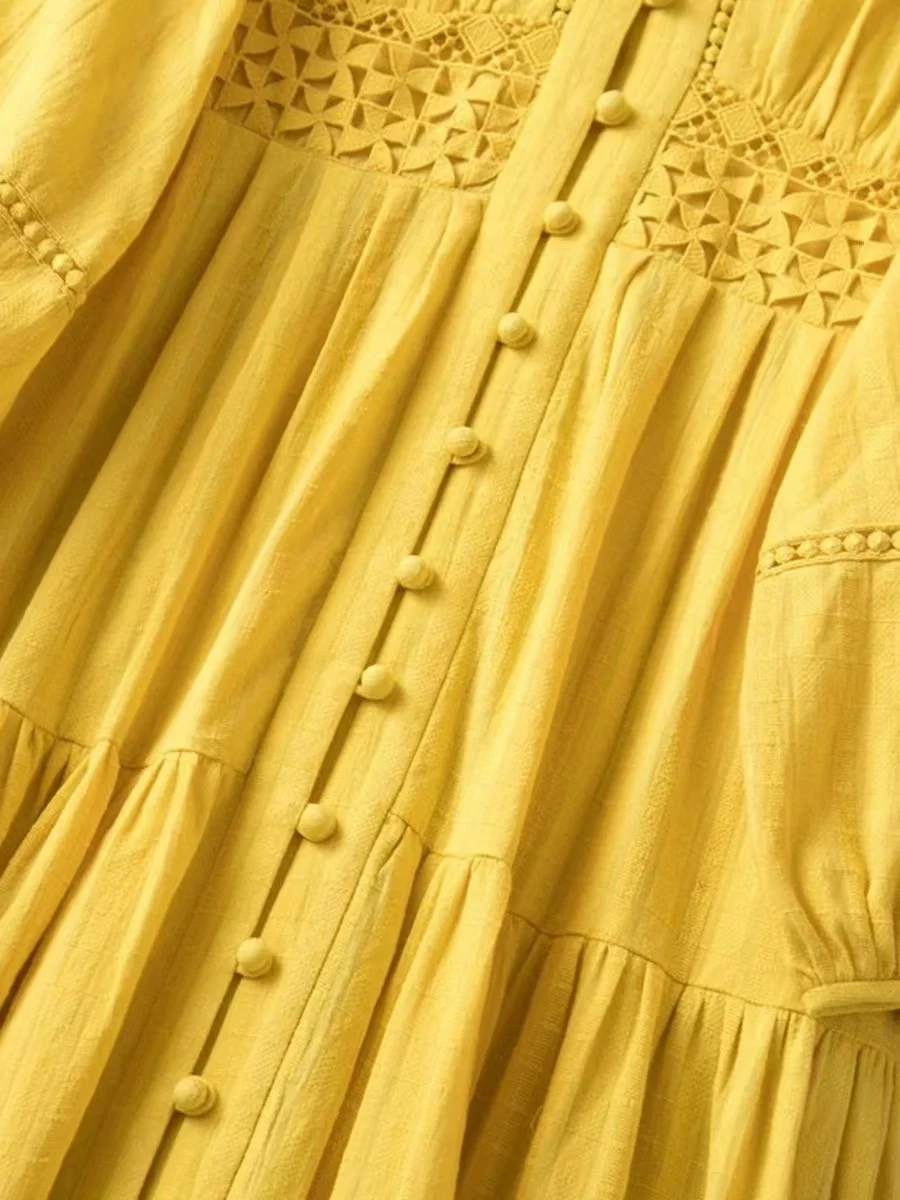 Fashion Runway Yellow Single Breasted Holiday Party Long Dress Summer V Neck Lace Hollow Out Spliced Linen Lantern Sleeve Dress