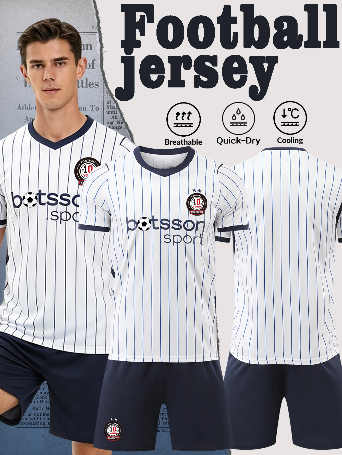 Conjunto de camiseta de fútbol a rayas blancas y azules para hombre, de manga corta, uniforme de fútbol de secado rápido y transpirable, camiseta y pantalones cortos para partidos y entrenamientos.