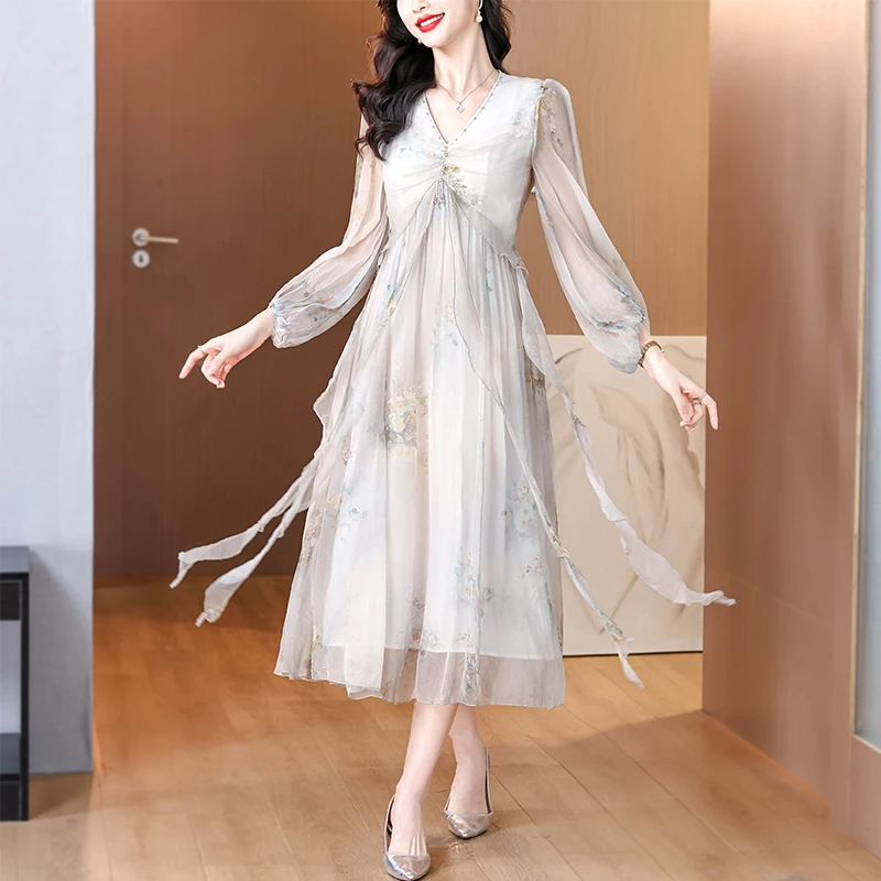 2025 Spring Holiday Boho Beach Hepburn Maxi Vestidos Women's Vintage Print Elegant Evening Prom Summer Luxury Silk Midi Dress