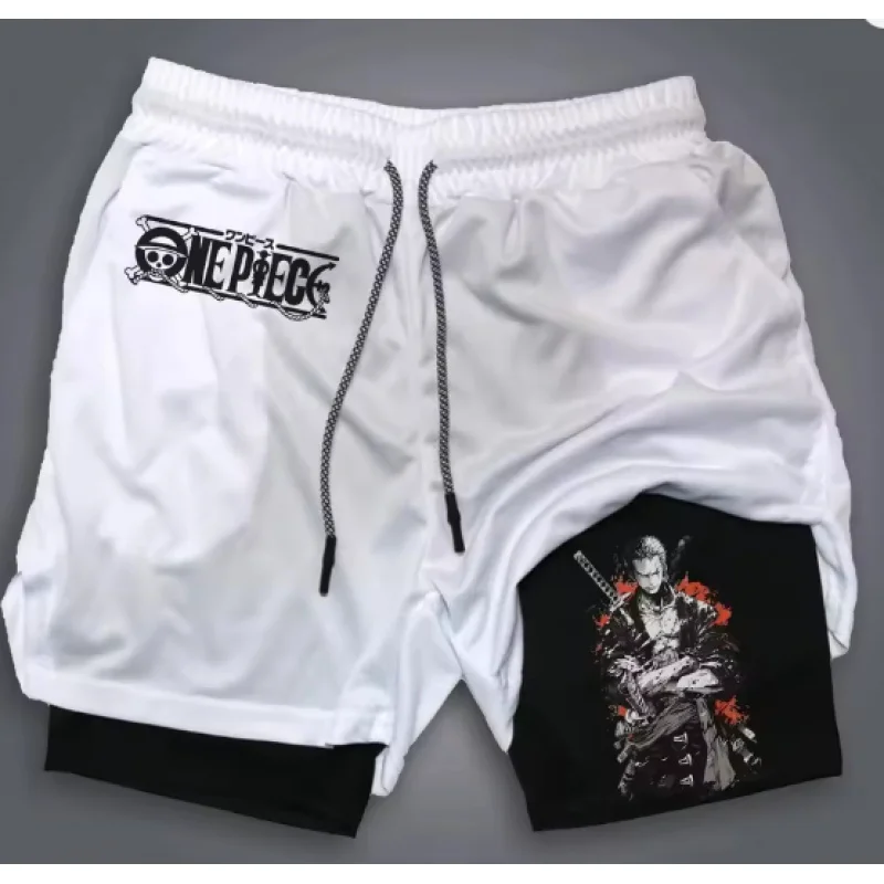 

One Piece Anime Men's Breathable Mesh Gym Shorts Double-Layer Fitness Running Sportswear Summer Streetwear Sport Pants