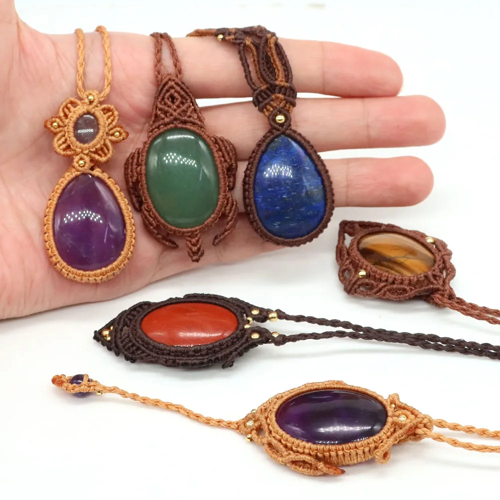 Natural Water Drop Stone Pendant Healing Crystal Amethyst Handmade Rope Wrapped Braided Macrame Chain Necklace Women Jewelry