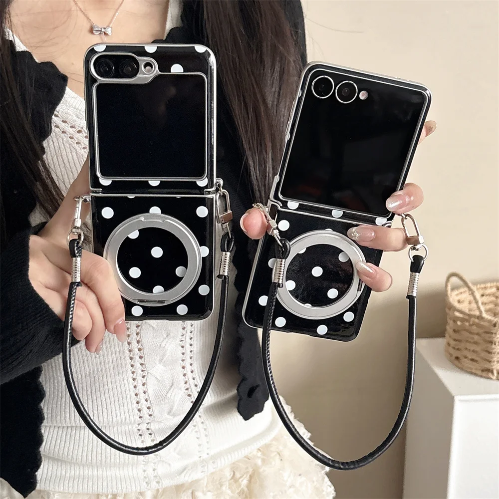 Kawaii Black White Polka Dot For Magsafe Case For Samsung Galaxy Z Flip8 7 6 5 4 3 Magnetic Ring Holder Cover With Wrist Lanyard