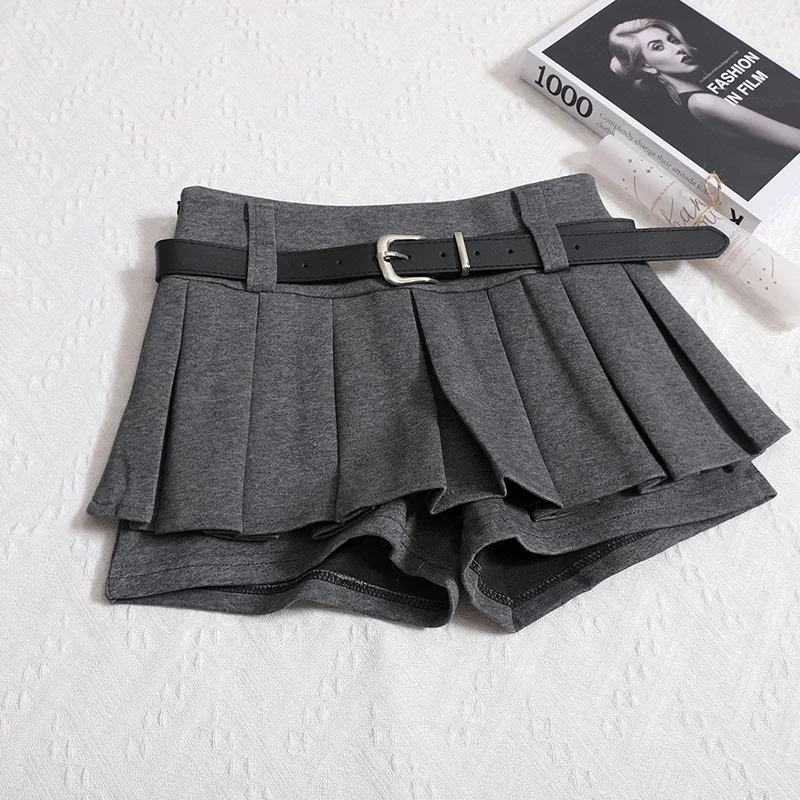 2025 Womens Shorts Autumn Winter Belt High Waist Fluffy Pleated A-line Short Pants Korean Fashion Sexy Y2k All Match Clothes