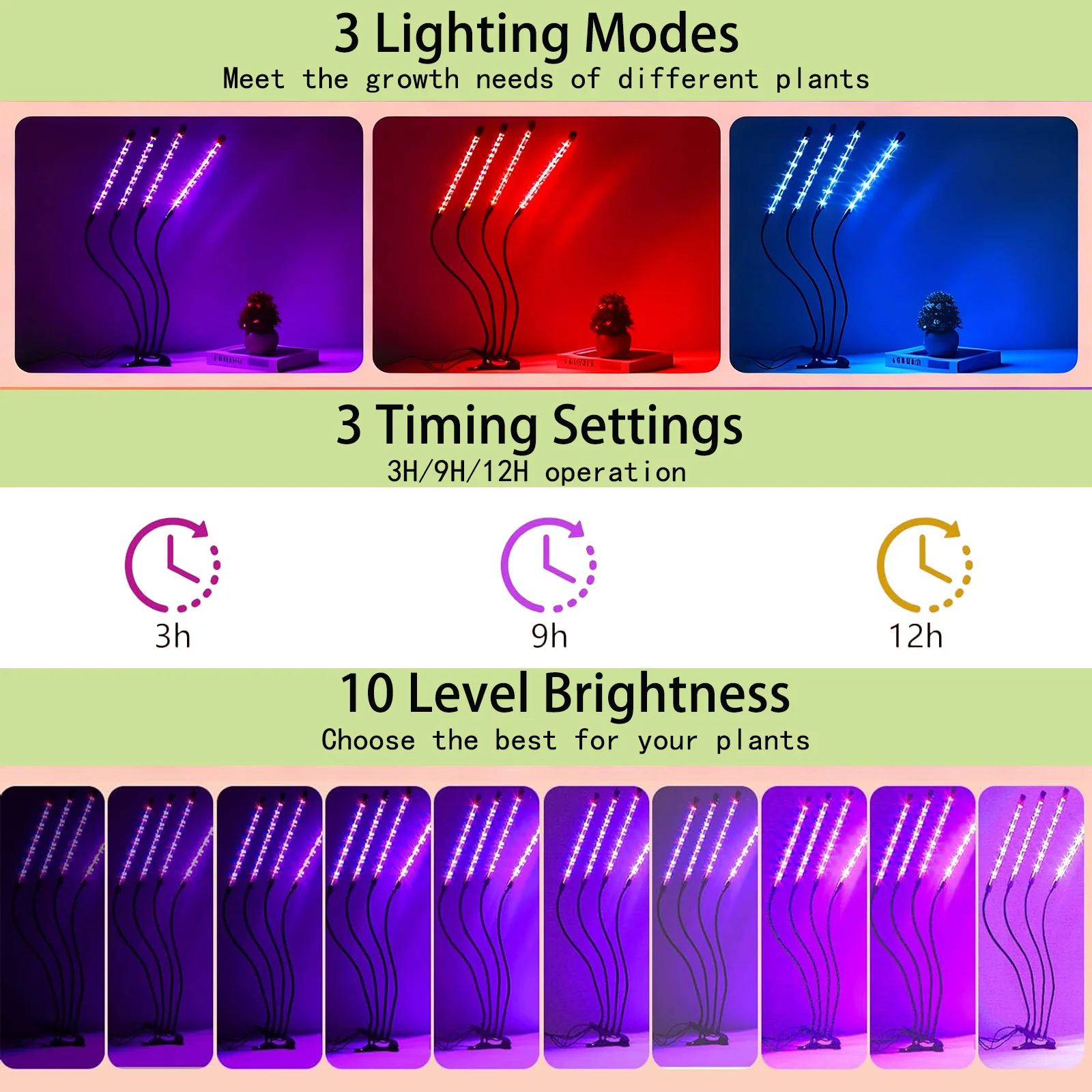 Grow Light Plant Light Indoor Plants, Full Spectrum Clip Plant Growing Lamp,10-Level Dimmable,3/9/12H Timer,Adjustable Gooseneck