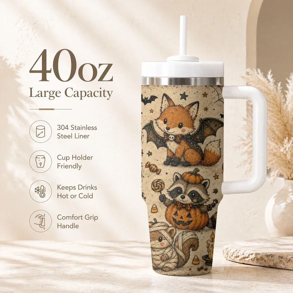 Halloween Critters Vacuum Flasks 40oz Portable Stainless Steel Tumbler with Handle Straw Double Wall Insulated Leakproof Mug
