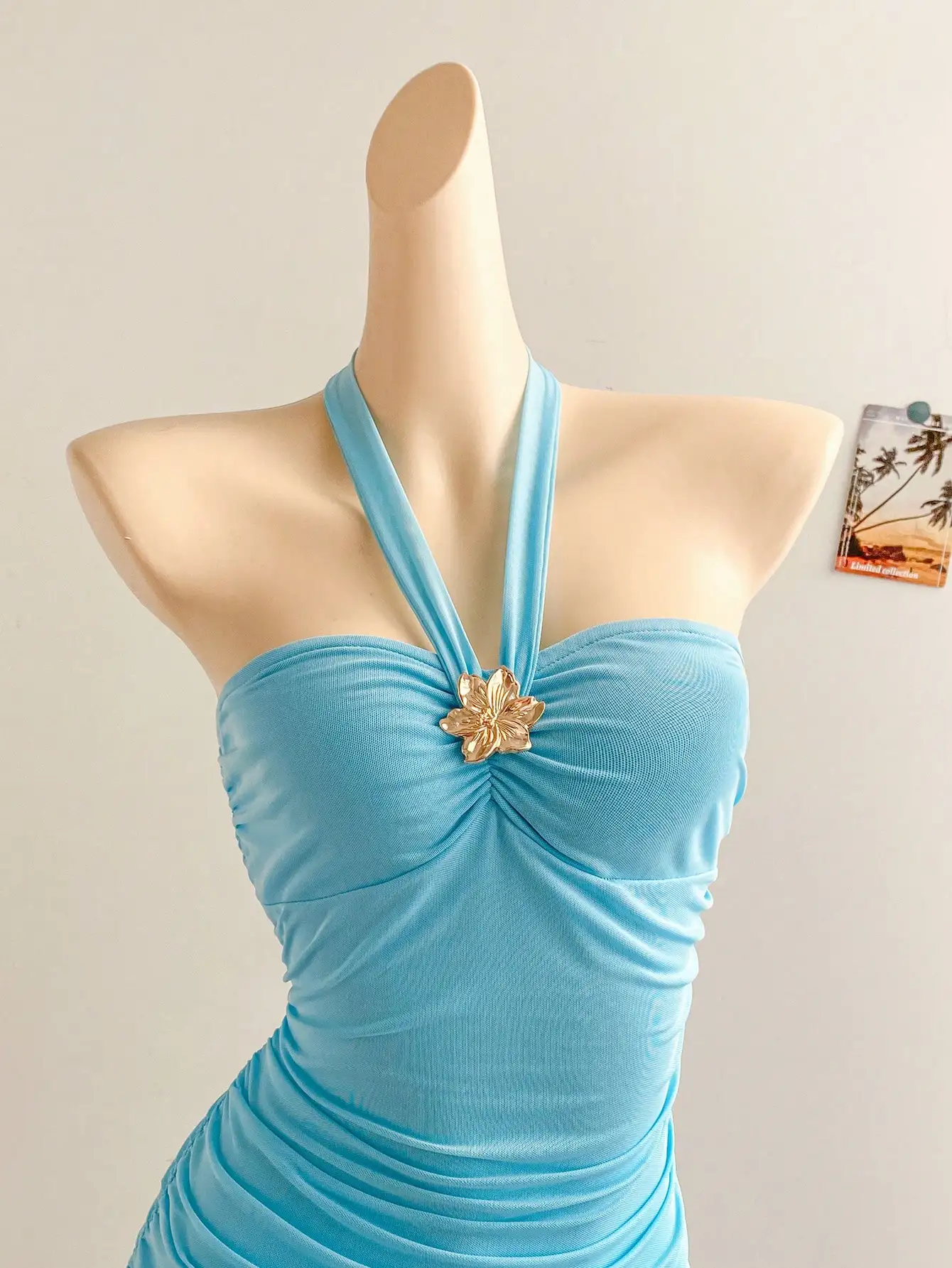 

Women's Blue Halter Tie Ruffle Hem Dress For Vacation Party Boho Summer