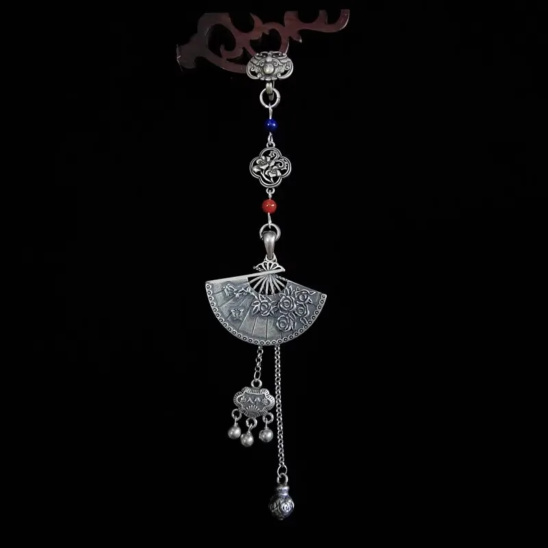 Original luxury 925 Thai silver retro Chinese style plum blossom flower fan tassel pendant Hanfu collar brooches jewelry