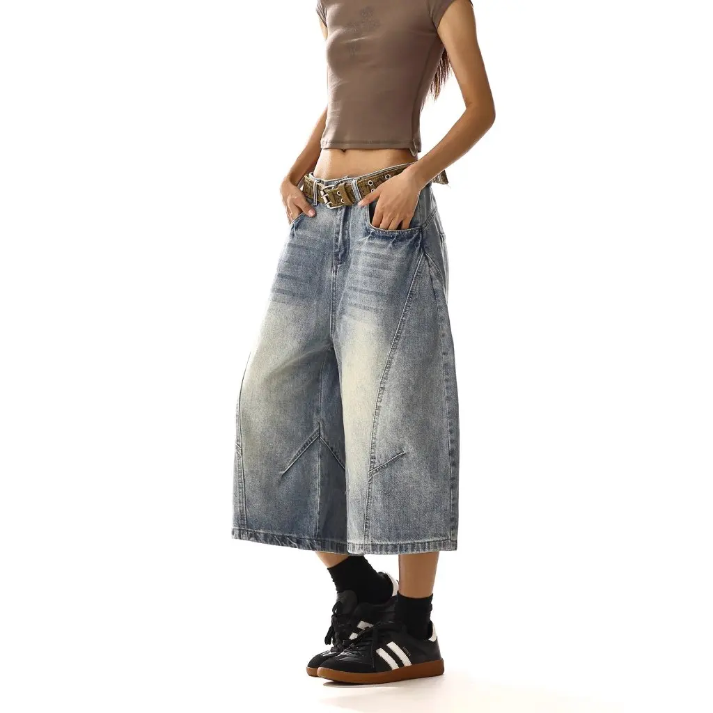 

Women's Street Style Aged Washed Vintage Deconstructed Machete Jeans Casual Wide Leg Cropped Pants Summer Fashion All-Match