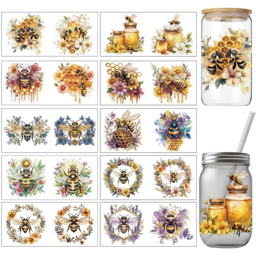 10 Sheets Bee Flower Transfer Stickers 4.33x9.45 inches Beehive Honey Pot Transfer Paper Waterproof PVC Decals
