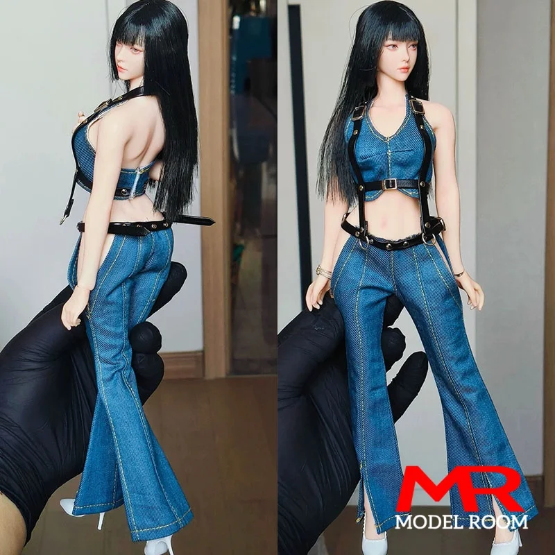 1/6 Scale Female Denim Outfit Blue Crop Top with Harness Flare Jeans Clothes Model Fit 12 inch Soldier Action Figure Body