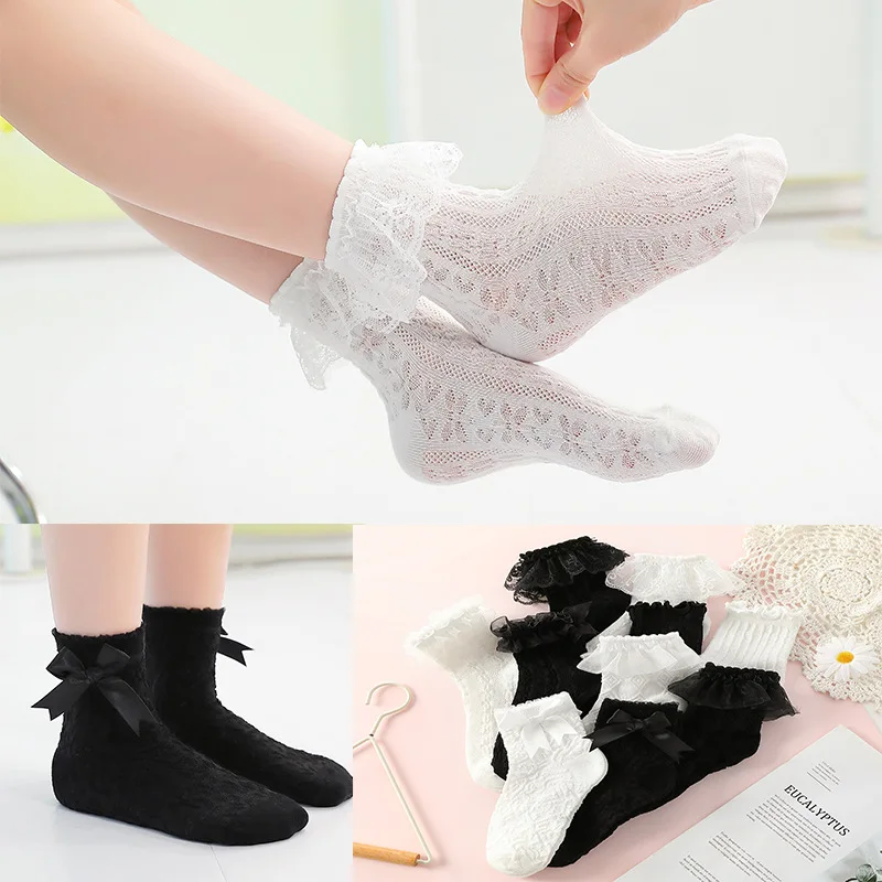 1 Pair Baby Girls Kids Socks Lace Ruffle Princess Mesh Children Short Breathable Cotton White Black Dance Toddler Socks