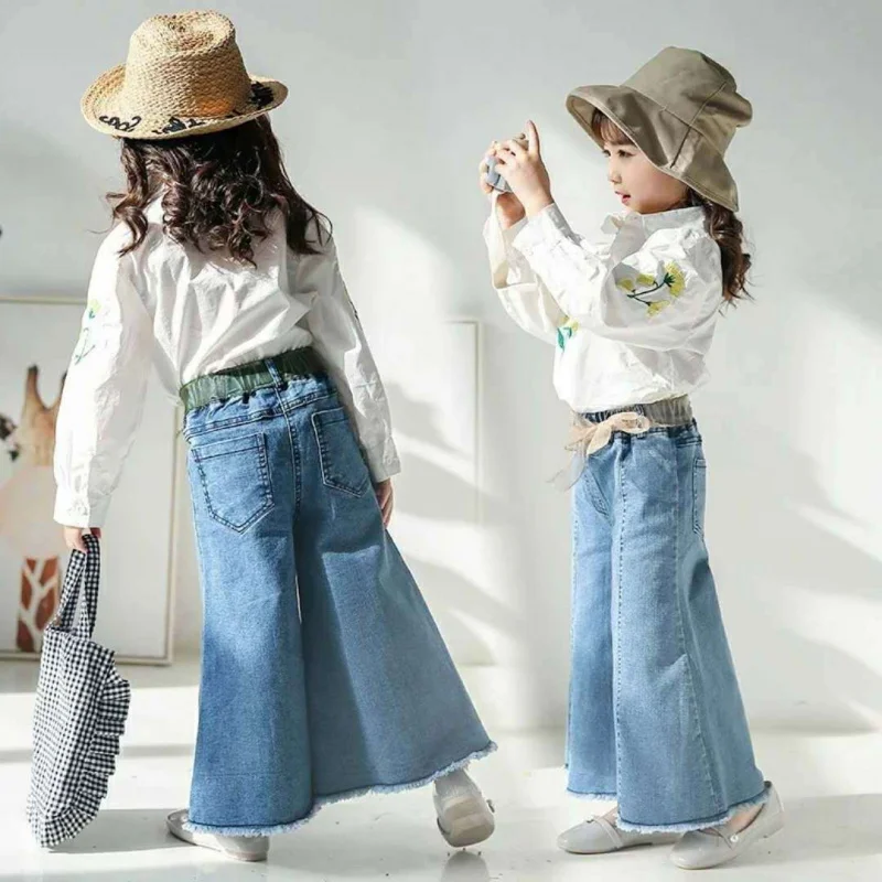 Girls' Pants Retro Lace up Bell-Bottom Pants Jeans25Autumn New Fashion Foreign Trade Children's Clothing Wholesale3-8Years Old