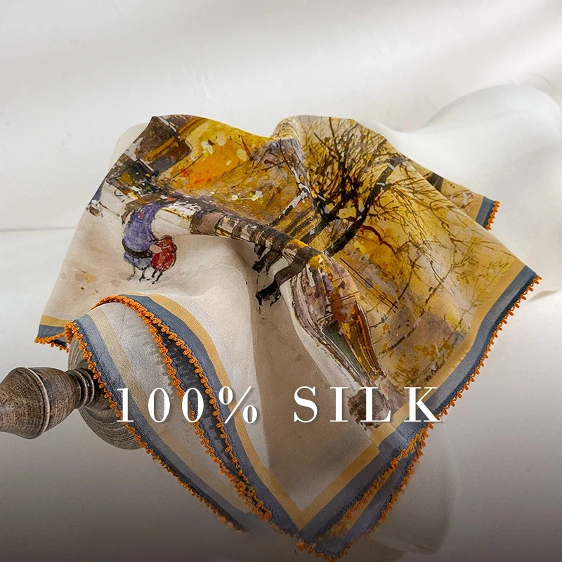 

100% Silk Square Scarf for Women Luxury Brand Paris Oil Painting Print Silk Bandana with Lace Trim Summer Neckerchief