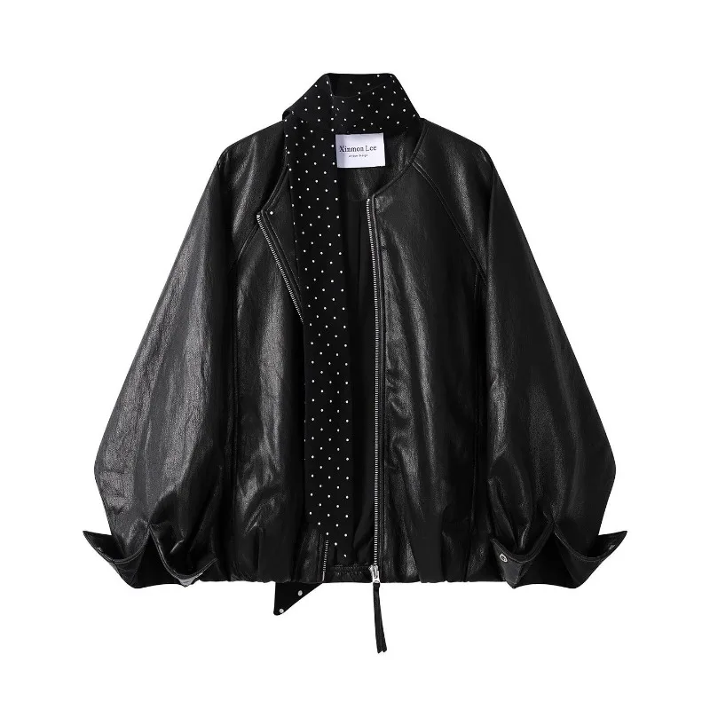 With Scarf PU Leather Jackets for Women Vintage Spring Auutmn Bomber Jackets Loose Short Biker Coats Elegant Women Outerwears