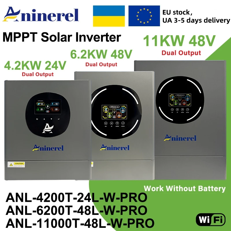Aninerel 4.2KW 6.2KW 11KW 24V/48V Hybrid Solar Inverter 220-230V On + Off Grid Pure Sine Wave Inverter MPPT Solar Charger wifi