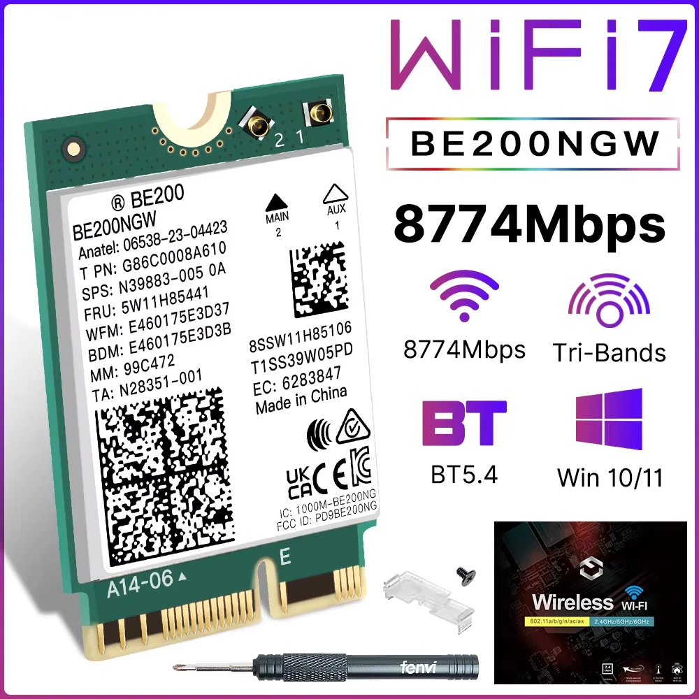 BE200 WiFi7 BE200NGW M.2 Wireless Network Card 8774Mbps Tri Band 2.4G 5G 6GHz Bluetooth5.4 WiFi6E Adapter For PC Windows10 11