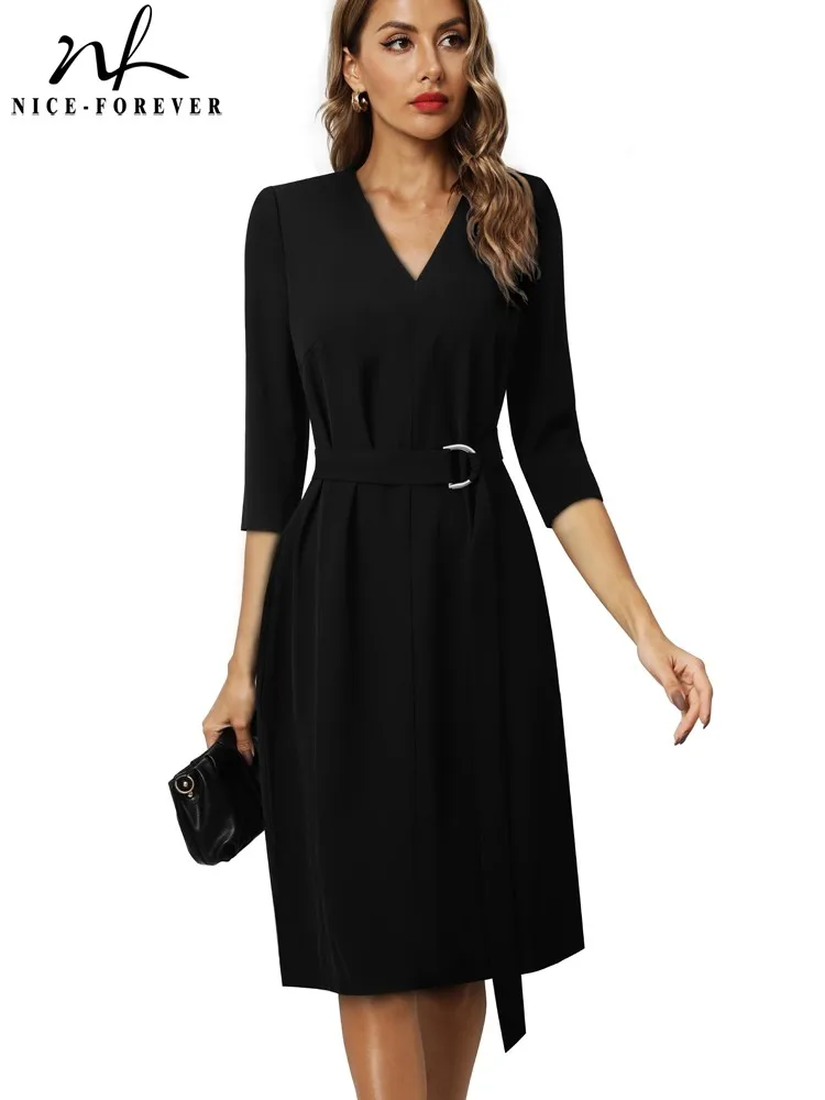 

Nice-Forever Autumn Women Classy Solid Black with Sash Dresses Formal Business Work Elegant Shift Dress B754