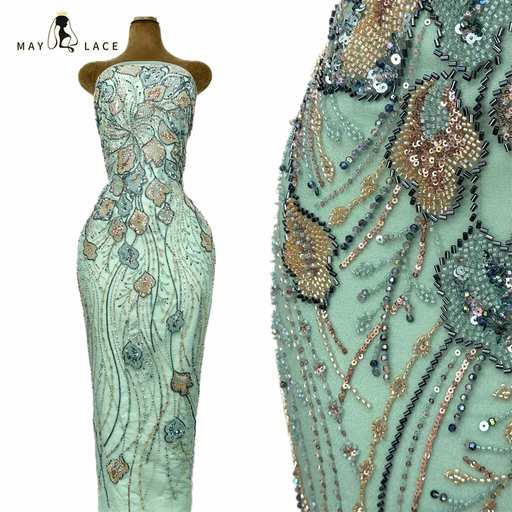 

2026 Luxury French Mesh Groom Lace Fabric High Quality Sequins African Beaded Mesh Lace Fabrics For Nigerian Wedding Dress Women