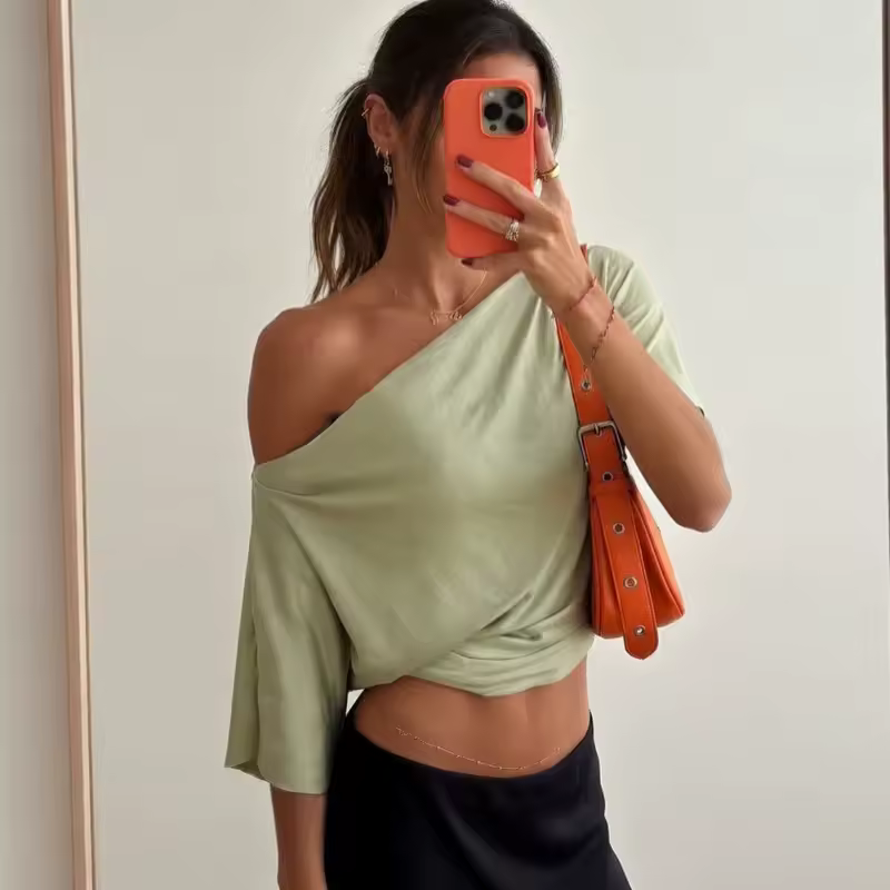 Talenza Summer One Shoulder Tops Fashion Slim Shrink Short Sleeve T-Shirts Sexy Party Y2k Streetwear Solid Pullover Tops Women - Image 9