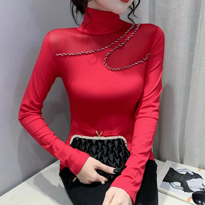 

Женская облегающая футболка с высоким воротником и вырезами, осенне-зимняя, сексуальная, в корейском стиле, для повседневной носки