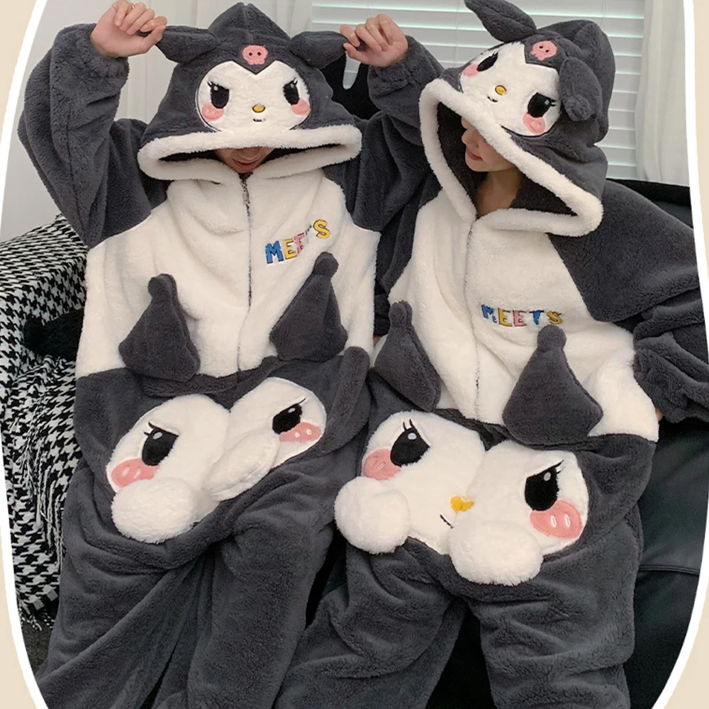 Anime Kuromi Jumpsuit Pajamas Sanrioed Cute Couple Plush Home Clothes Kawaii Cartoon Winter Men Women Hooded Plus Size Nightwear