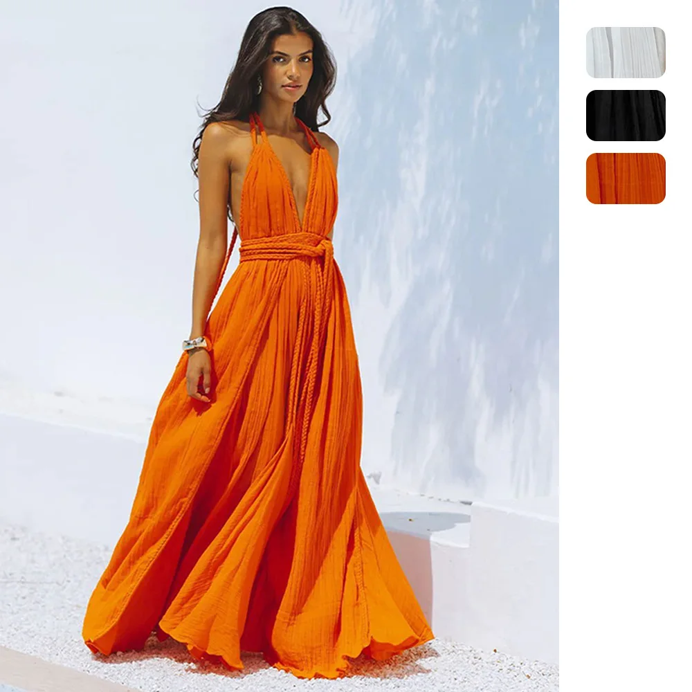 Sexy Backless Tie Solid Dress Belt Swing Dress Spring Summer Matching Set