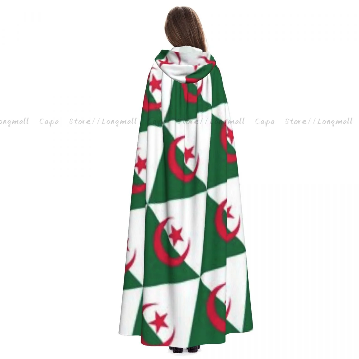 Adult Halloween Geometric Flag Of Algeria Cloak Cape Hooded Medieval Costume Full Length Dress Coat