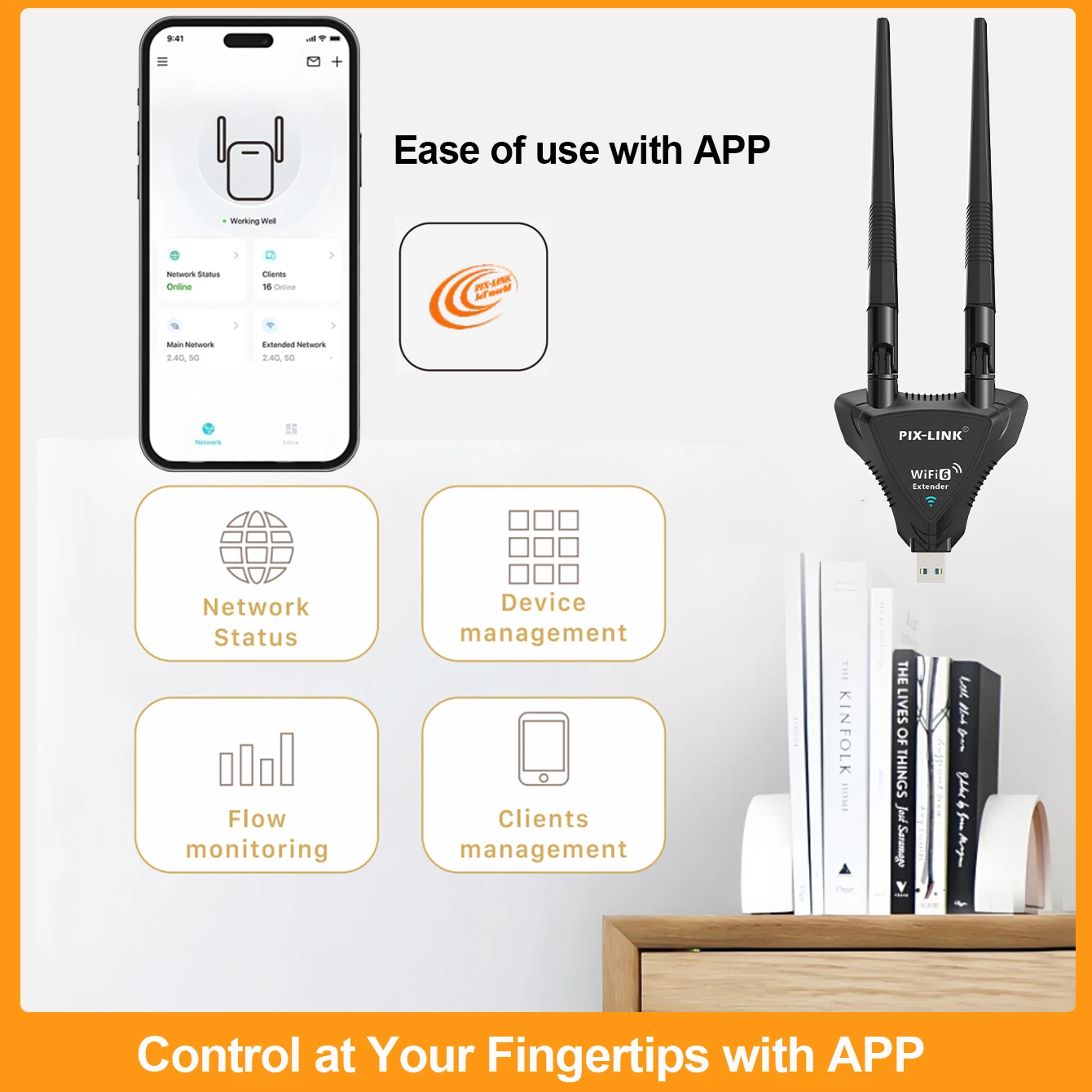 픽스링크 1800Mbps WiFi6 확장기 증폭기 리피터 |   듀얼 밴드 2.4G/5GHz 무선 신호 증폭기(2개 안테나 포함) UE09AX