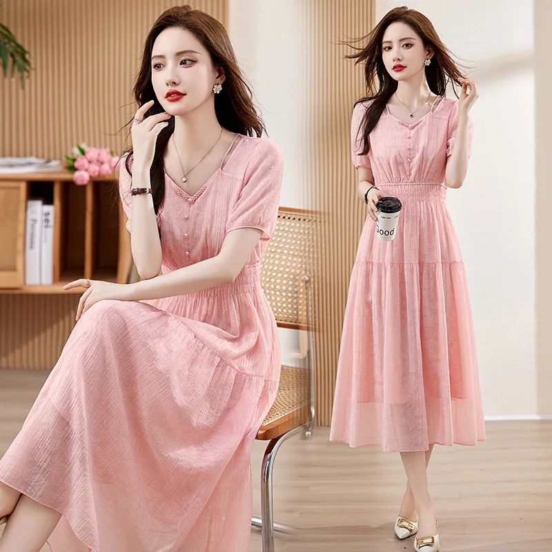 

Женское шифоновое плиссированное облегающее платье миди, летнее повседневное платье с короткими рукавами и v-образным вырезом, 2025 г., корейское модное элегантное вечернее платье