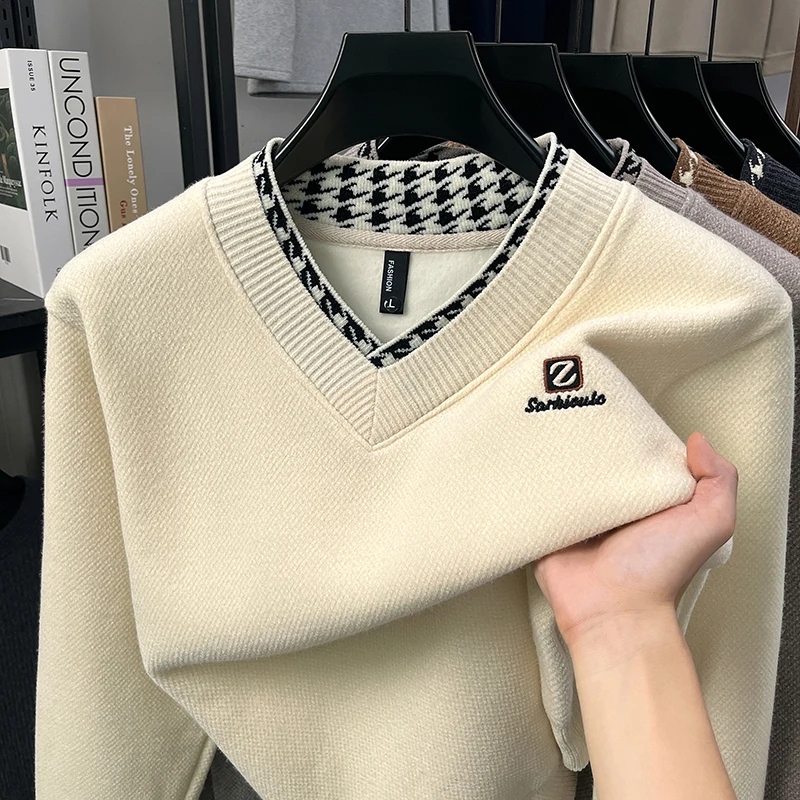 Men's V-neck Lined and Thickened Winter Thermal Knitwear, Heart-shaped Collar Wool Base Layer Shirt