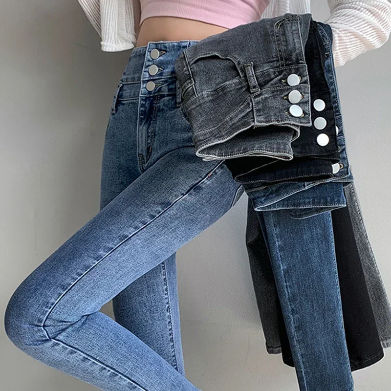 Jeans elasticizzati a vita alta da donna nuovi Blu Nero Grigio Pantaloni lunghi in denim slim popolari multi-bottone alla moda e versatili Donna