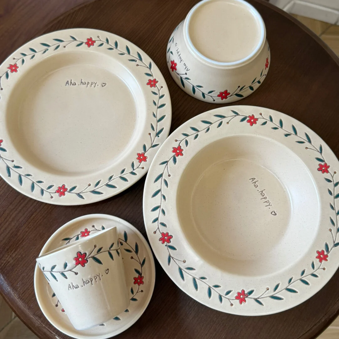 Country Style Ceramic Tableware Set Western-Style Food Salad Dessert Vegetable Water Cup Underglaze Colour Floral Pattern Simple