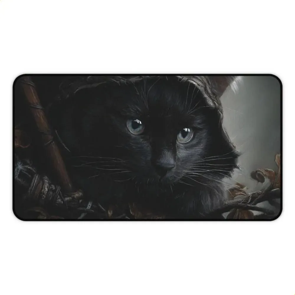 TCG Playmat Dark Fantasy Wizard Black Cat Witch Hood Hat Mysterious Gothic Kitty Illustration Non‑Slip Large Desk Mat