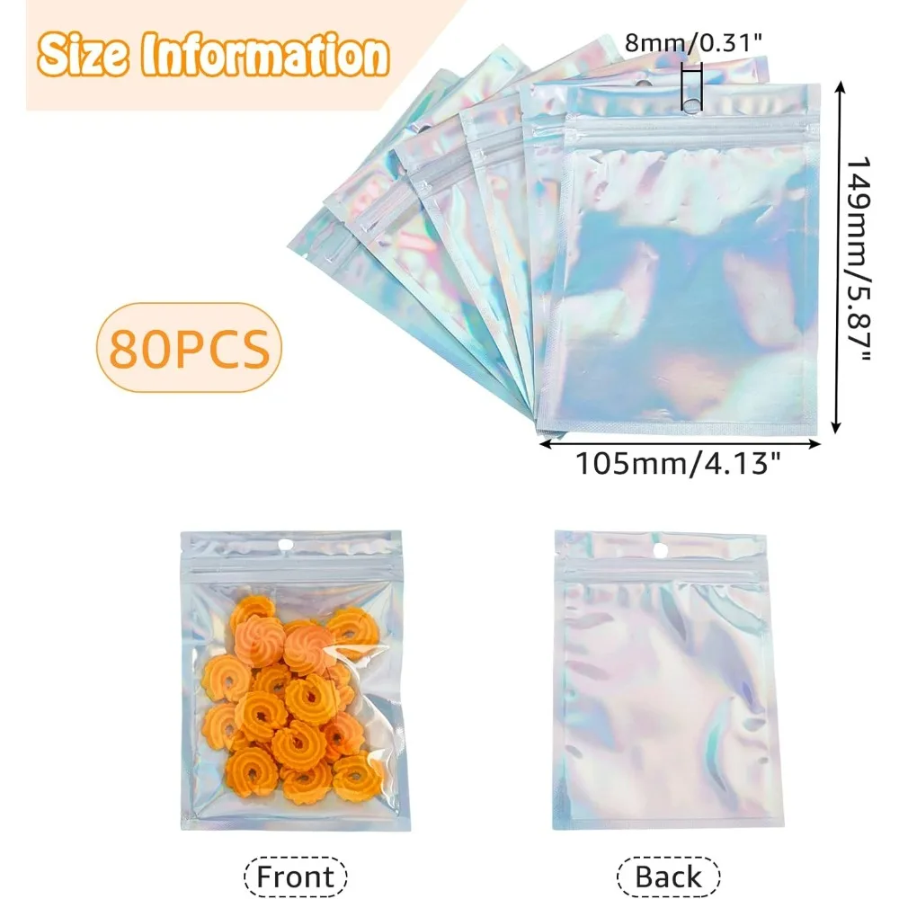 80pcs Holographic Mylar Bags 14.9x10.5cm Clear Resealable Packaging Bags Clear Ziplock Storage Bags for Small Jewelry Lip