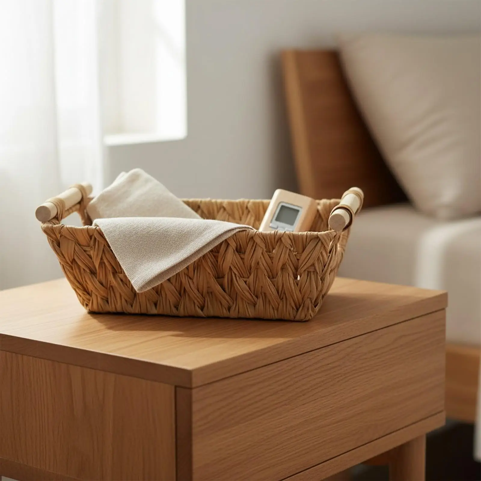 Decorative Storage Basket for Living Room Organizer Handwoven Grass Look Rectangular Basket with Rounded End Handles