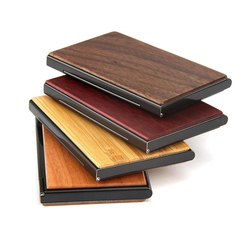 Wooden Business Card Holder Credit Cards Case Wallet Aluminum Purse Name Wood Cards Holder Purse Name Card Holders for Men Women