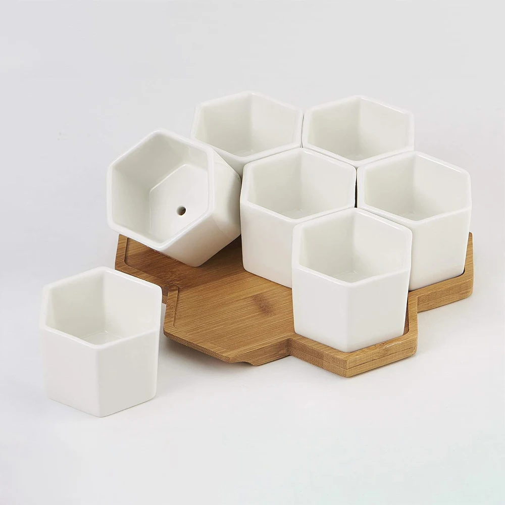 Planter Pots Indoor, 7 Pack Modern White Ceramic Small Hex Succulent Cactus Flower Plant Pot with Bamboo Tray Home Garden Decor