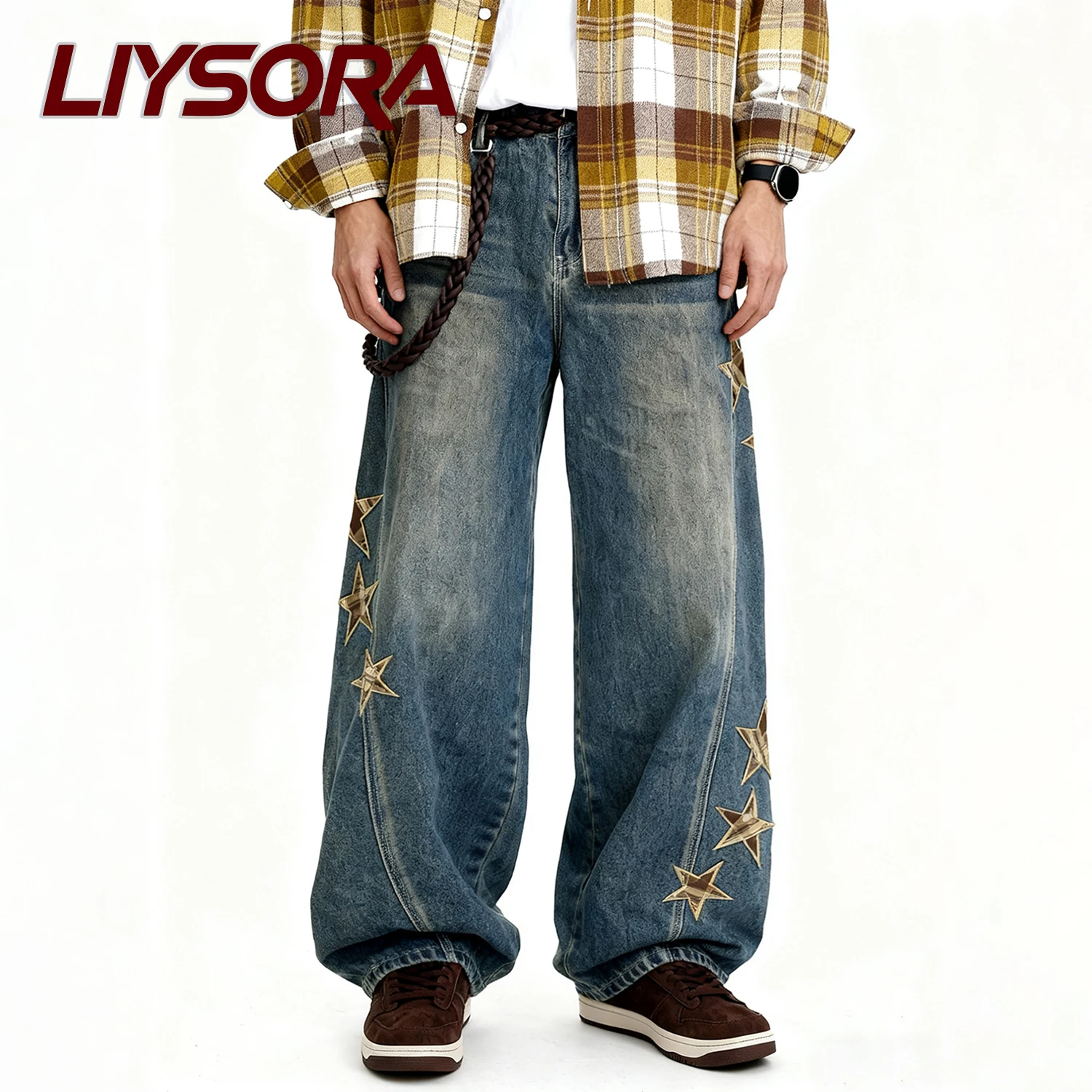 

Men's American Retro Blue Baggy Wide Leg Jeans High Street Five Pointed Star Patchwork Deconstruction Loose Denim Pants Unisex