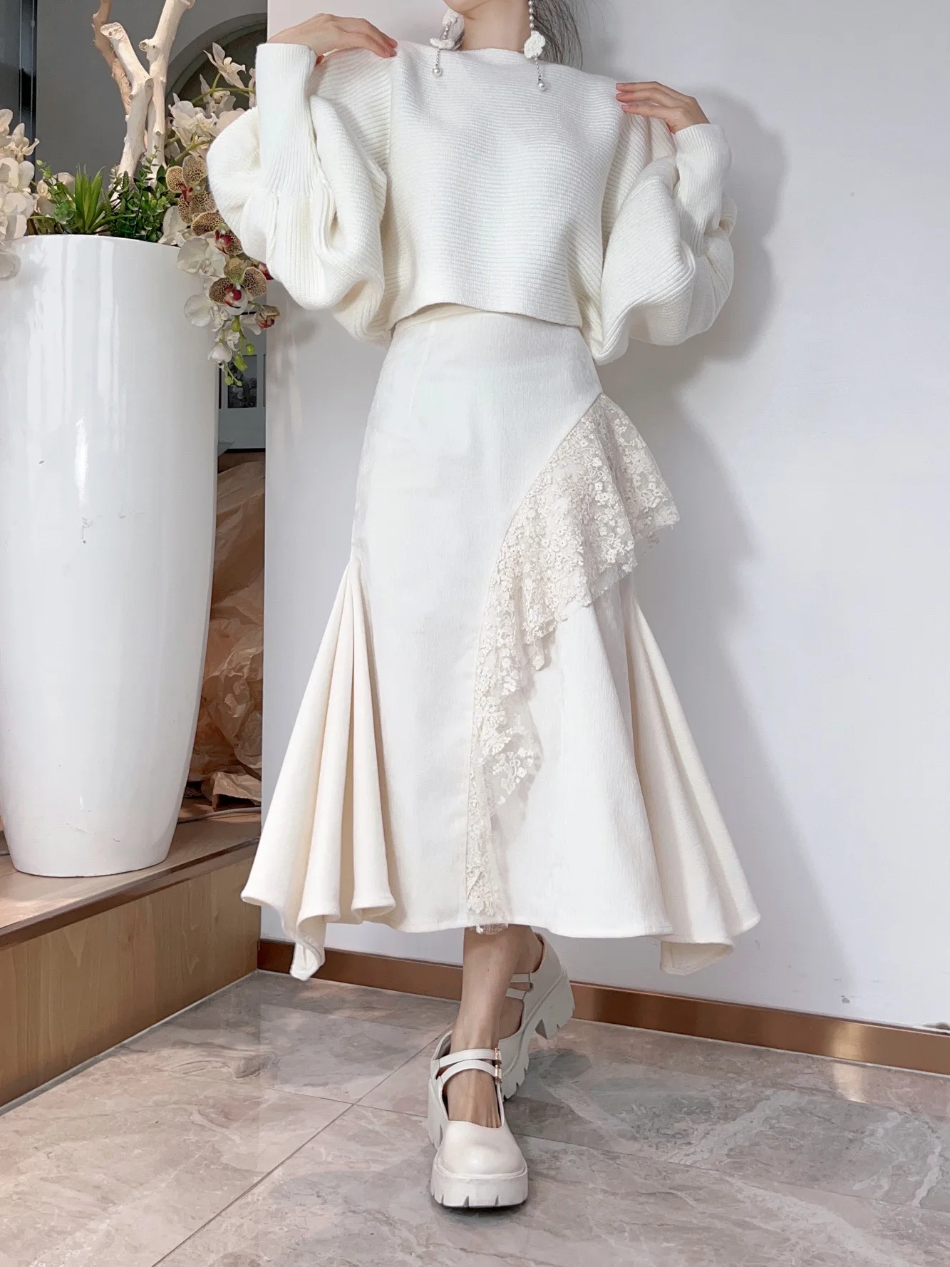 

Юбка TIIANNTIAAN «Танец лебедей» с двойным слоем, А-силуэт, с кружевом и волнистым краем, с завышенной талией, длинная, из полиэфирного волокна