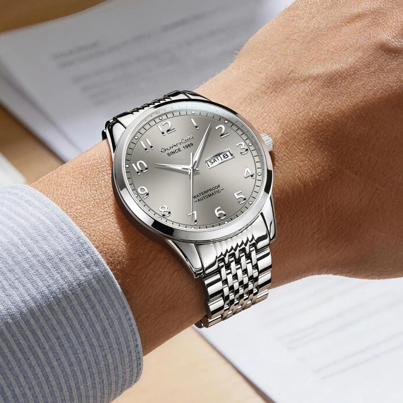 GUANQIN Men's Watches Casual Business Fine Steel Original Brand Automatic Mechanical Wristwatch for Man Waterproof Luminous Date
