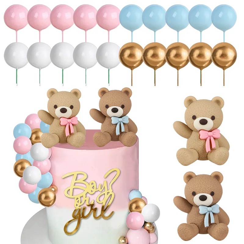 22Pcs cartoon Bear Cake Toppers Blue Rainbow Foam Balls Bear Handing Balloons for Birthday Baby Shower Party Cake Decor