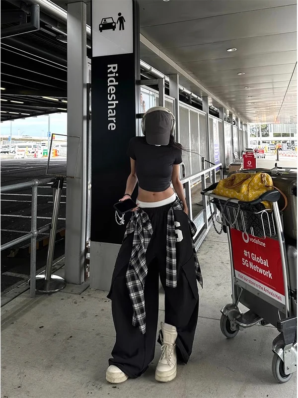 

Retro American Black Bell Bottom Casual Pants Women Summer Street Jersey Style Dance Overlap Loose Workwear Trendy Jeans