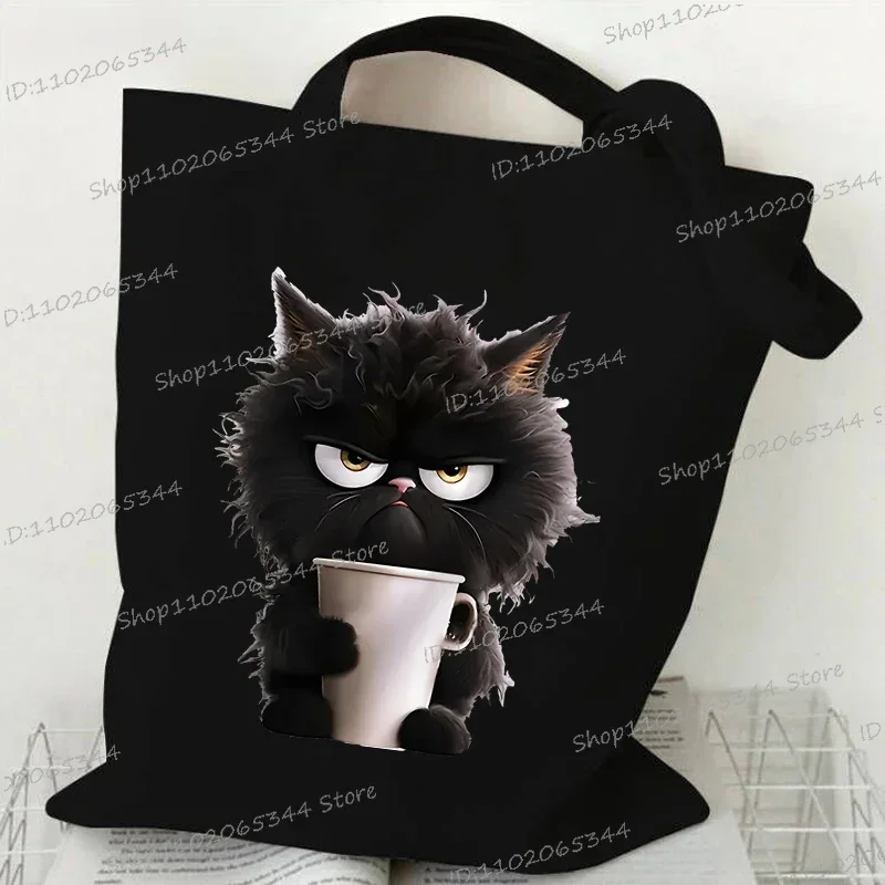 Bolsa de ombro de lona feminina café gato preto impressão grande capacidade sacos de compras para senhora dos desenhos animados animal sacola de