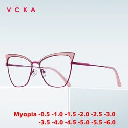 VCKA  Women Cat Eye Myopia Glasses Frames Fashion Anti-blue light Vintage Optics Metal Frame Prescription  Eyewear -0.50 TO -10