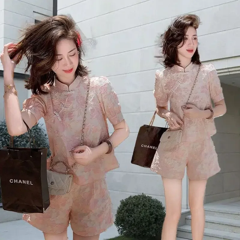 

Summer New Chinese Style Mesh Patchwork Elegant Top Wide Leg Shorts Women‘s Fashion Pullovers and Short Pants Suit A543