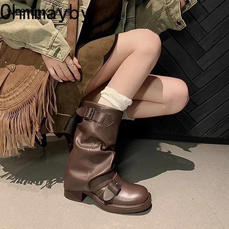 Women Western Cowgirl Booties Fashion Slip On Mid Calf Booties Retro Style Thick Heel Autumn Female Shoes