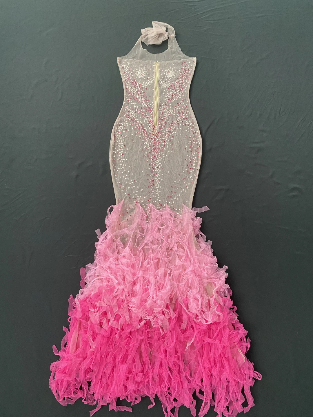 Pink Diamond Tassel Fishtail Sheer Mesh Dress Sexy See Through  Debut Gown Evening Dresses Celebrate Theme Party Dresses